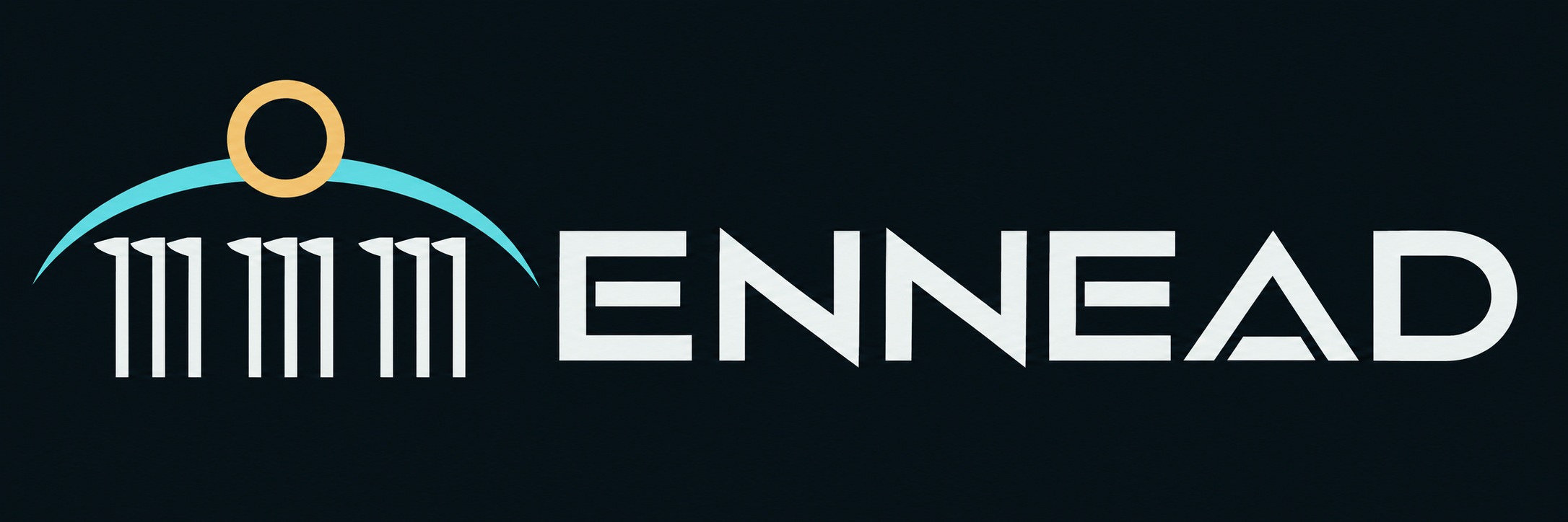 ENNEAD — nine hieroglyph-inspired staffs beneath an orbital arc and sun disc