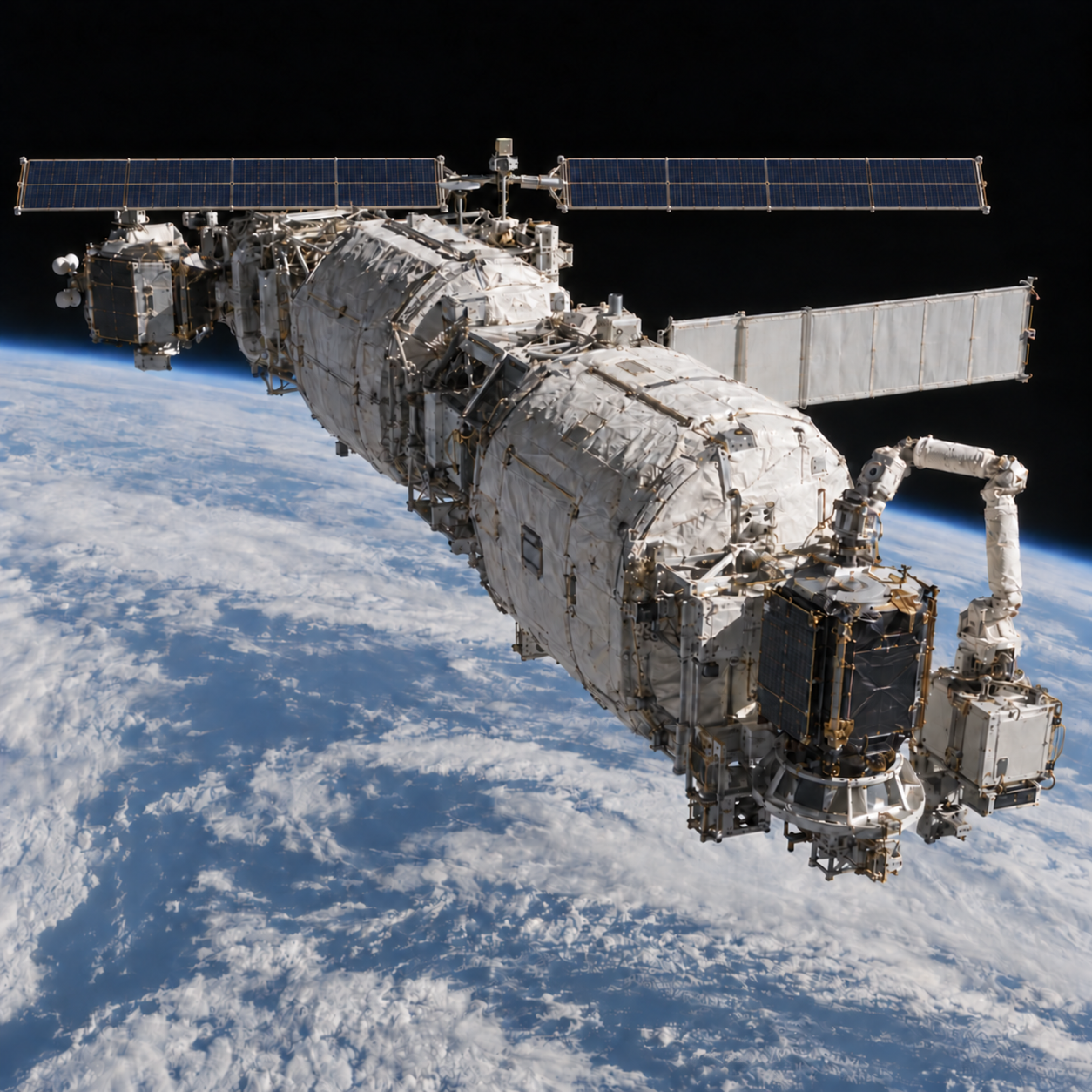 AI-generated concept of an uncrewed orbital service depot with insulated equipment modules, two matching, aligned solar wings, a separate radiator and a robotic arm beside a smaller docked satellite above Earth.