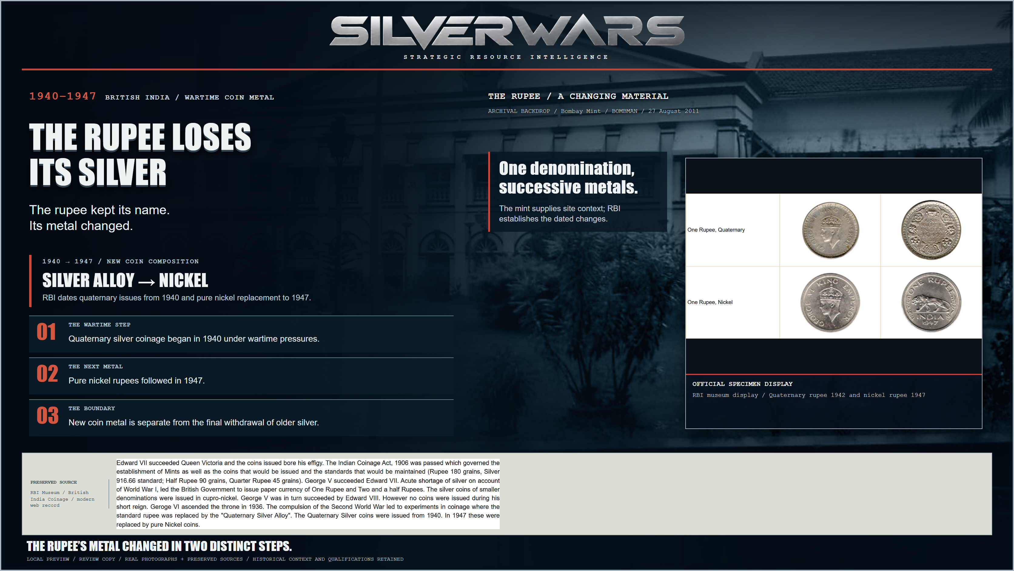 The Rupee Loses Its Silver: One denomination, successive metals. Authentic source images and stated historical context.