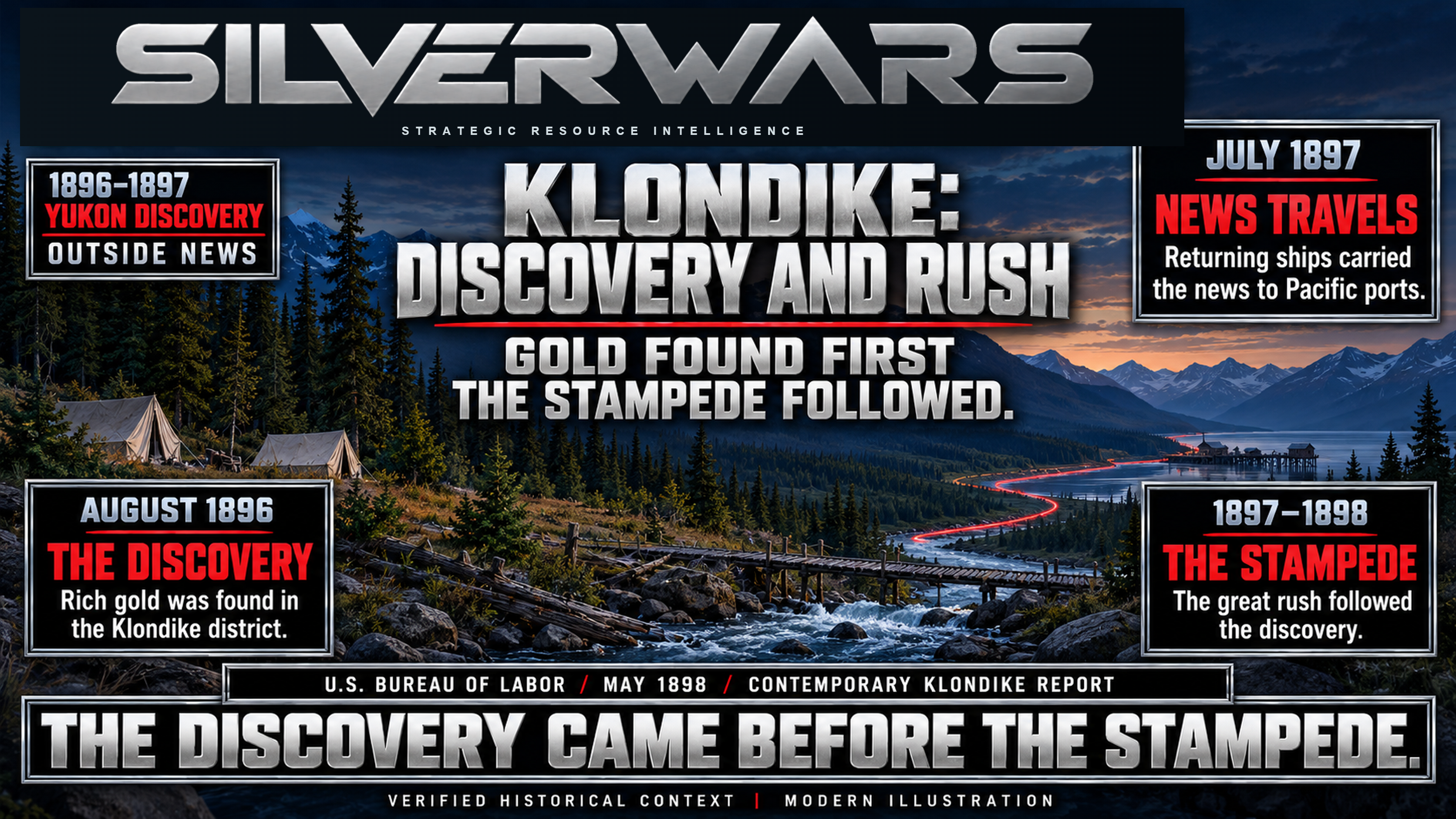 Klondike: Discovery and Rush, SilverWars historical plate for 1896–1897; historical summary · representative illustration.