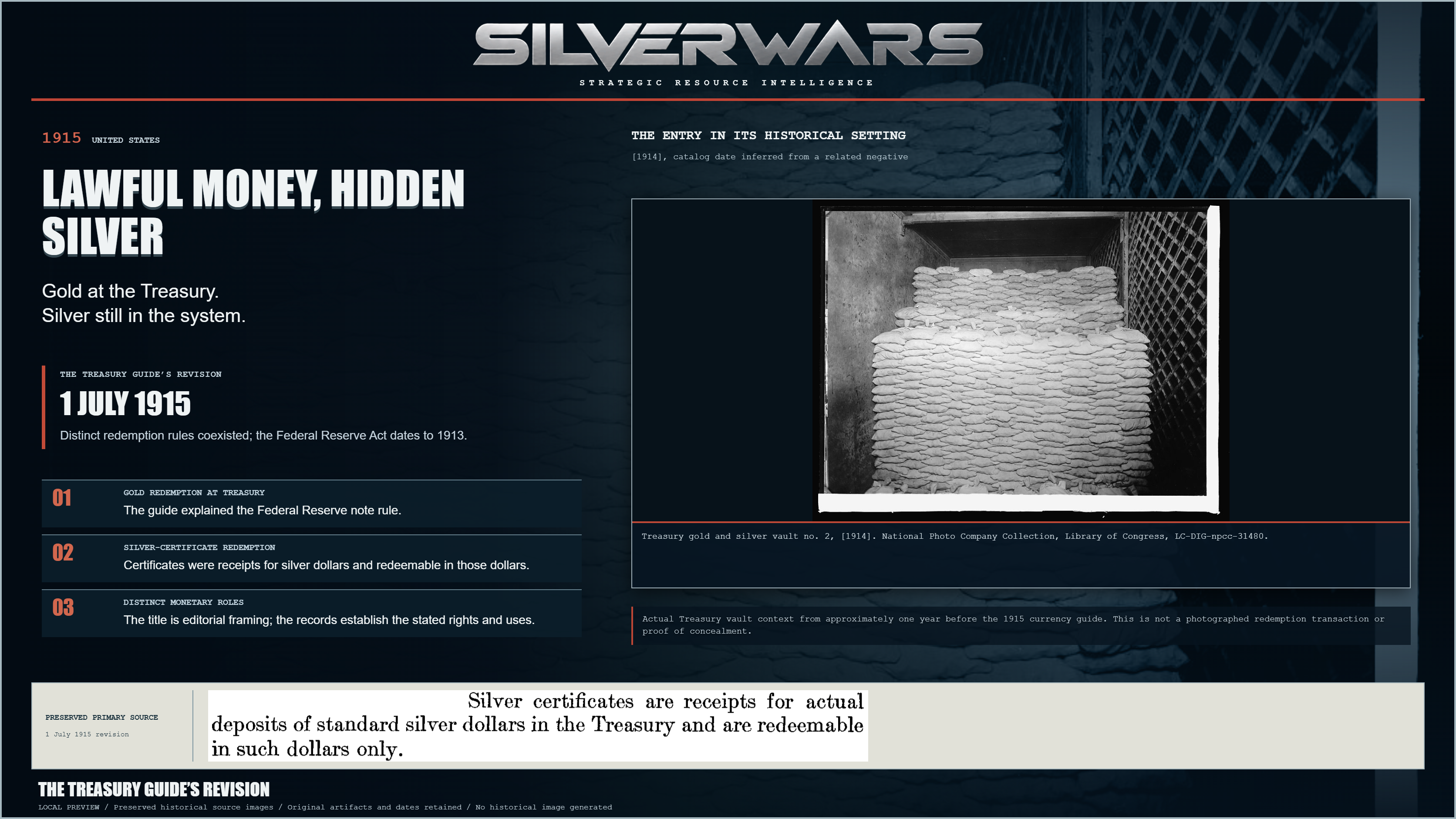 Lawful Money, Hidden Silver. Distinct redemption rules coexisted; the Federal Reserve Act dates to 1913. Preserved Treasury gold and silver vault no. 2, [1914]. National Photo Company Collection, Library of Congress, LC-DIG-npcc-31480..