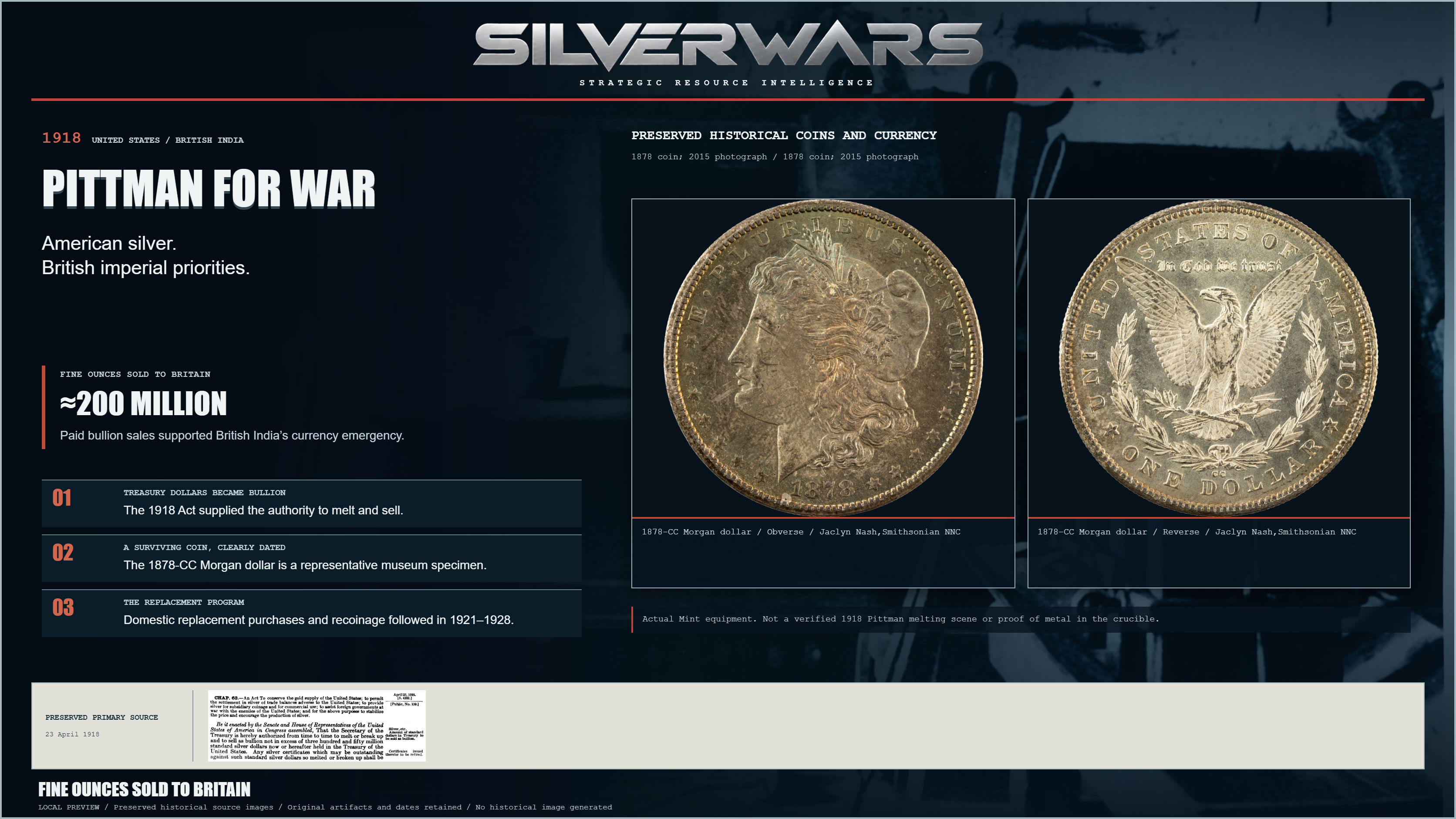 Pittman For War. Paid bullion sales supported British India’s currency emergency. Preserved 1878-CC Morgan dollar / Obverse / Jaclyn Nash,Smithsonian NNC; 1878-CC Morgan dollar / Reverse / Jaclyn Nash,Smithsonian NNC.