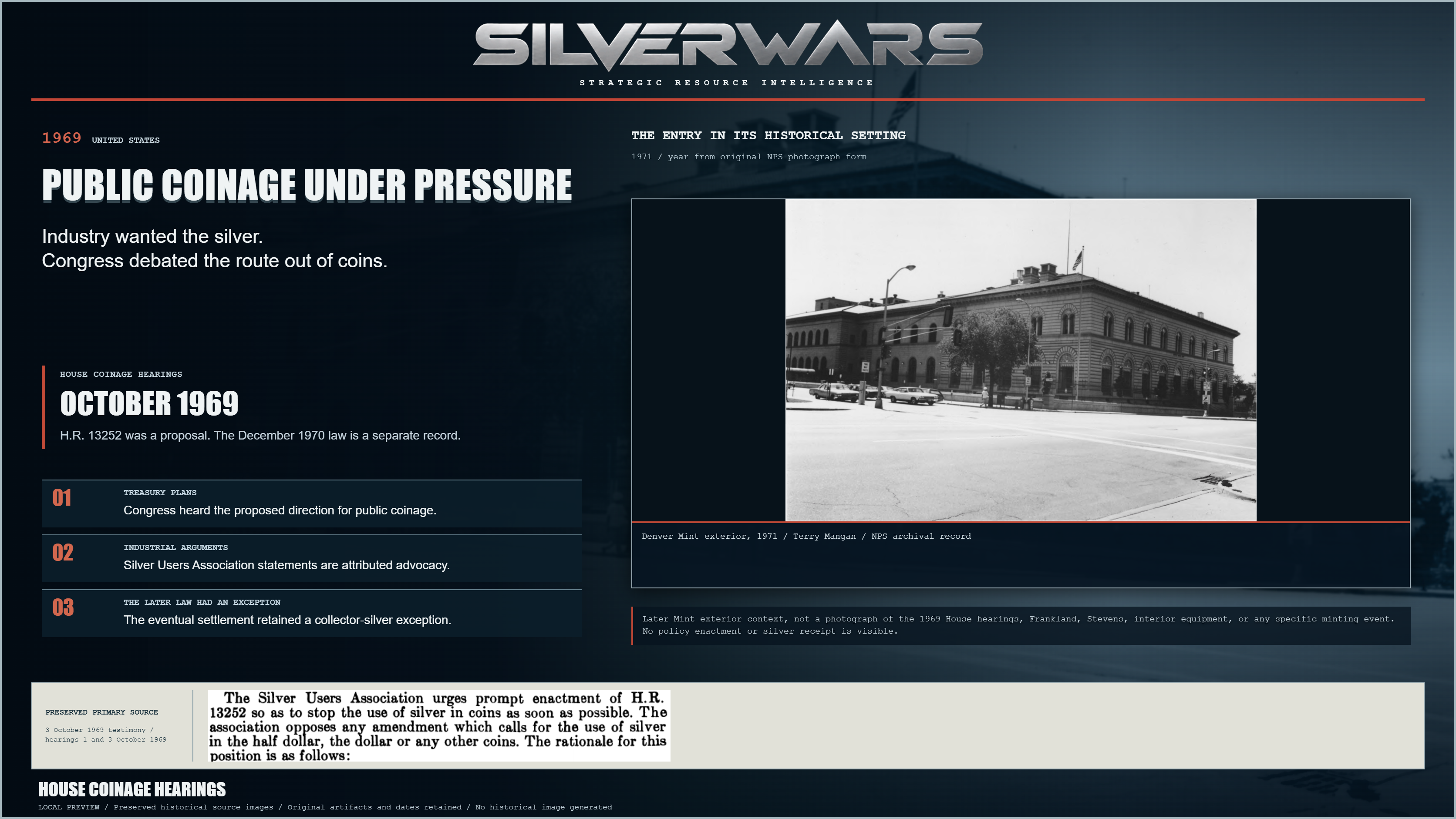 Public Coinage Under Pressure. H.R. 13252 was a proposal. The December 1970 law is a separate record. Preserved Denver Mint exterior, 1971 / Terry Mangan / NPS archival record.