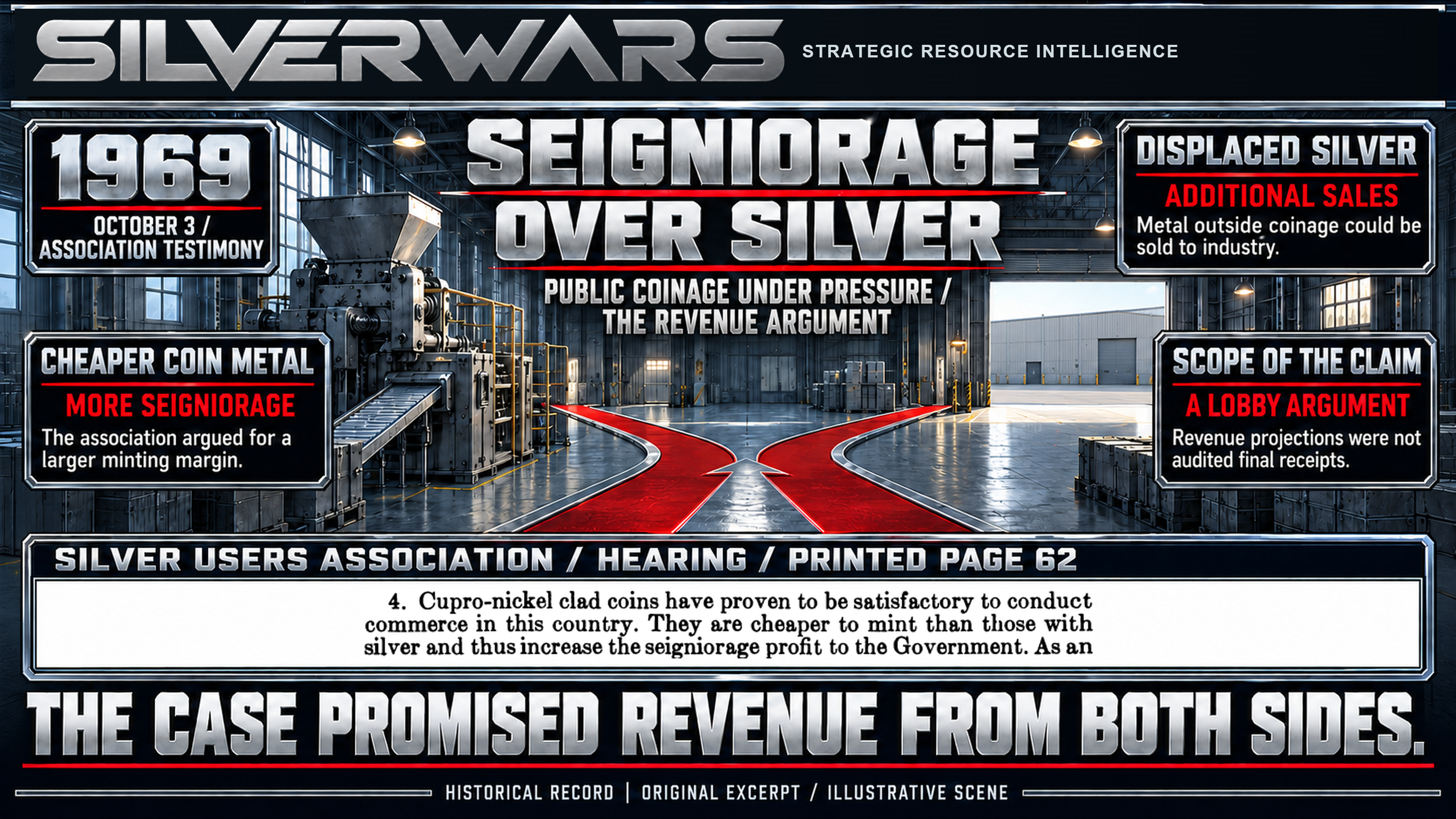 Seigniorage Over Silver plate presenting the association’s proposed minting-margin and silver-sales arguments as advocacy, not audited government receipts.