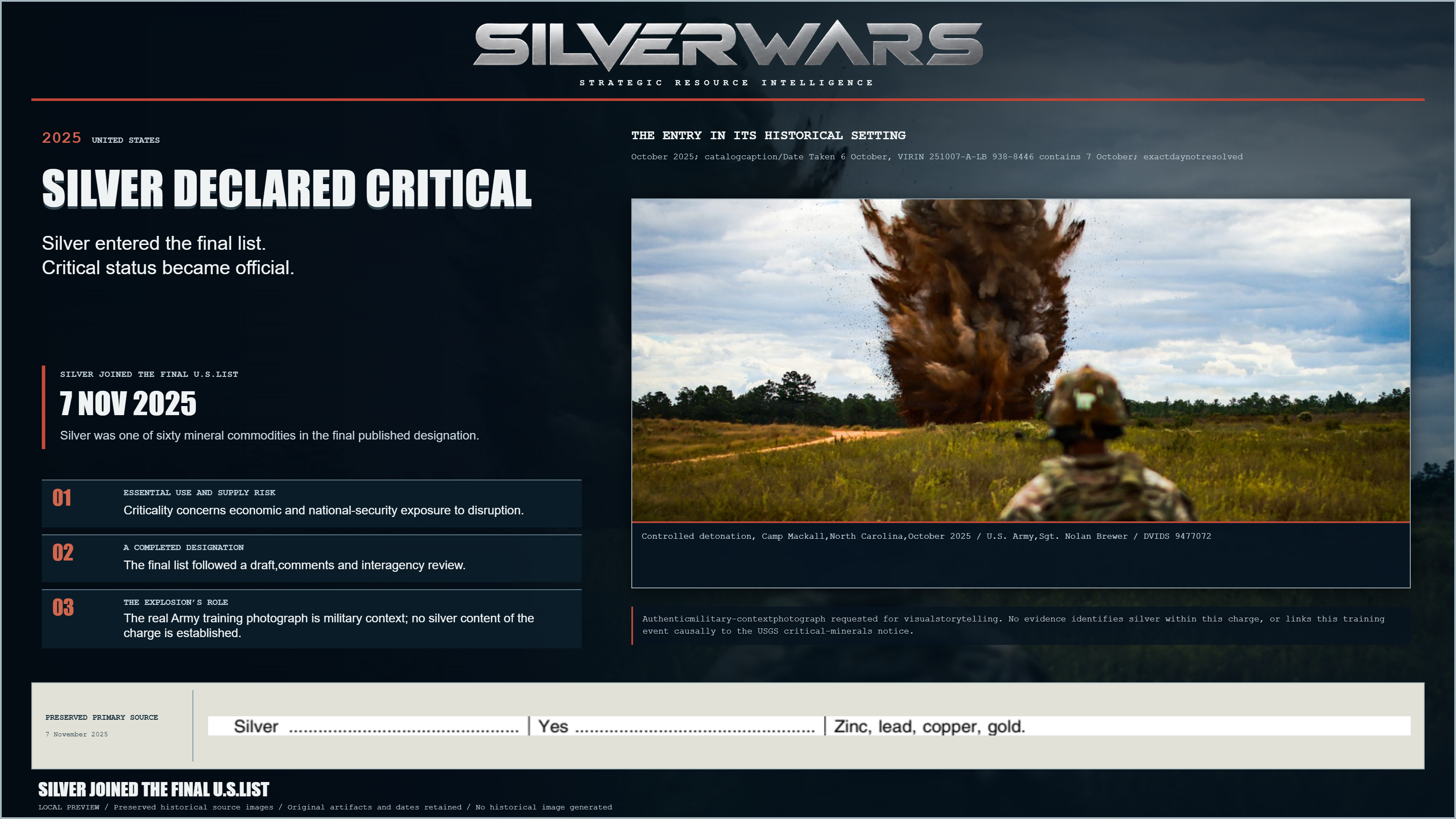 Silver Declared Critical. Silver was one of sixty mineral commodities in the final published designation. Preserved Controlled detonation, Camp Mackall,North Carolina,October 2025 / U.S. Army,Sgt. Nolan Brewer / DVIDS 9477072.