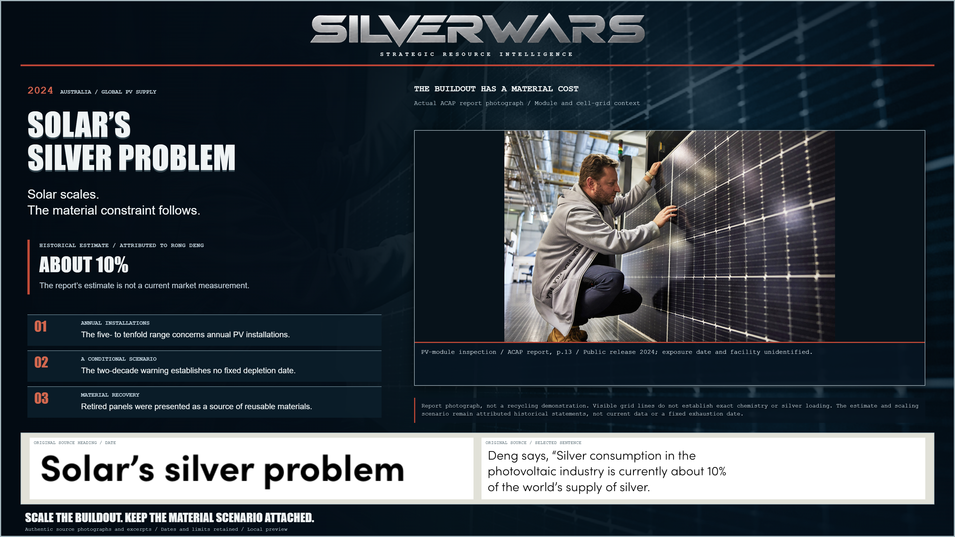 Solar’s Silver Problem. PV-module inspection / ACAP report, p.13 / Public release 2024; exposure date and facility unidentified. Report photograph, not a recycling demonstration. Visible grid lines do not establish exact chemistry or silver loading. The estimate and scaling scenario remain attributed historical statements, not current data or a fixed exhaustion date.