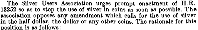 Actual House hearing page: Frankland, Silver Users Association; prepared Stevens statement follows.