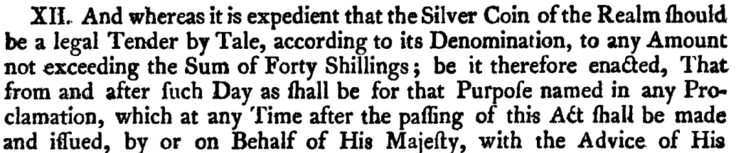 Coinage Act 1816, sectionXII opening, p 666/PDF 6: forty-shilling tender limit and later proclamation condition.