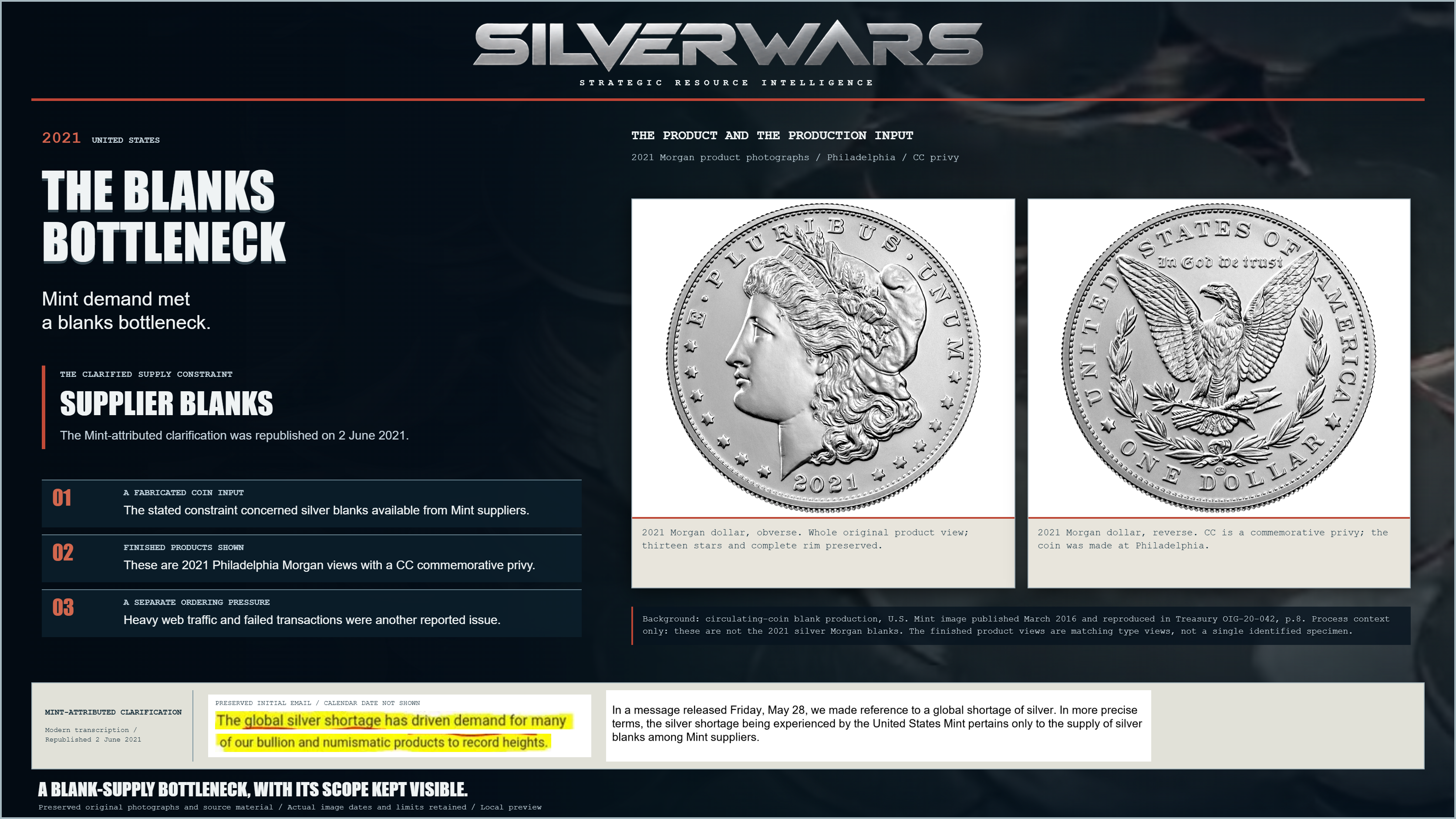 The Blanks Bottleneck. 2021 Morgan dollar, obverse. Whole original product view; thirteen stars and complete rim preserved. 2021 Morgan dollar, reverse. CC is a commemorative privy; the coin was made at Philadelphia. Background: circulating-coin blank production, U.S. Mint image published March 2016 and reproduced in Treasury OIG-20-042, p.8. Process context only: these are not the 2021 silver Morgan blanks. The finished product views are matching type views, not a single identified specimen.