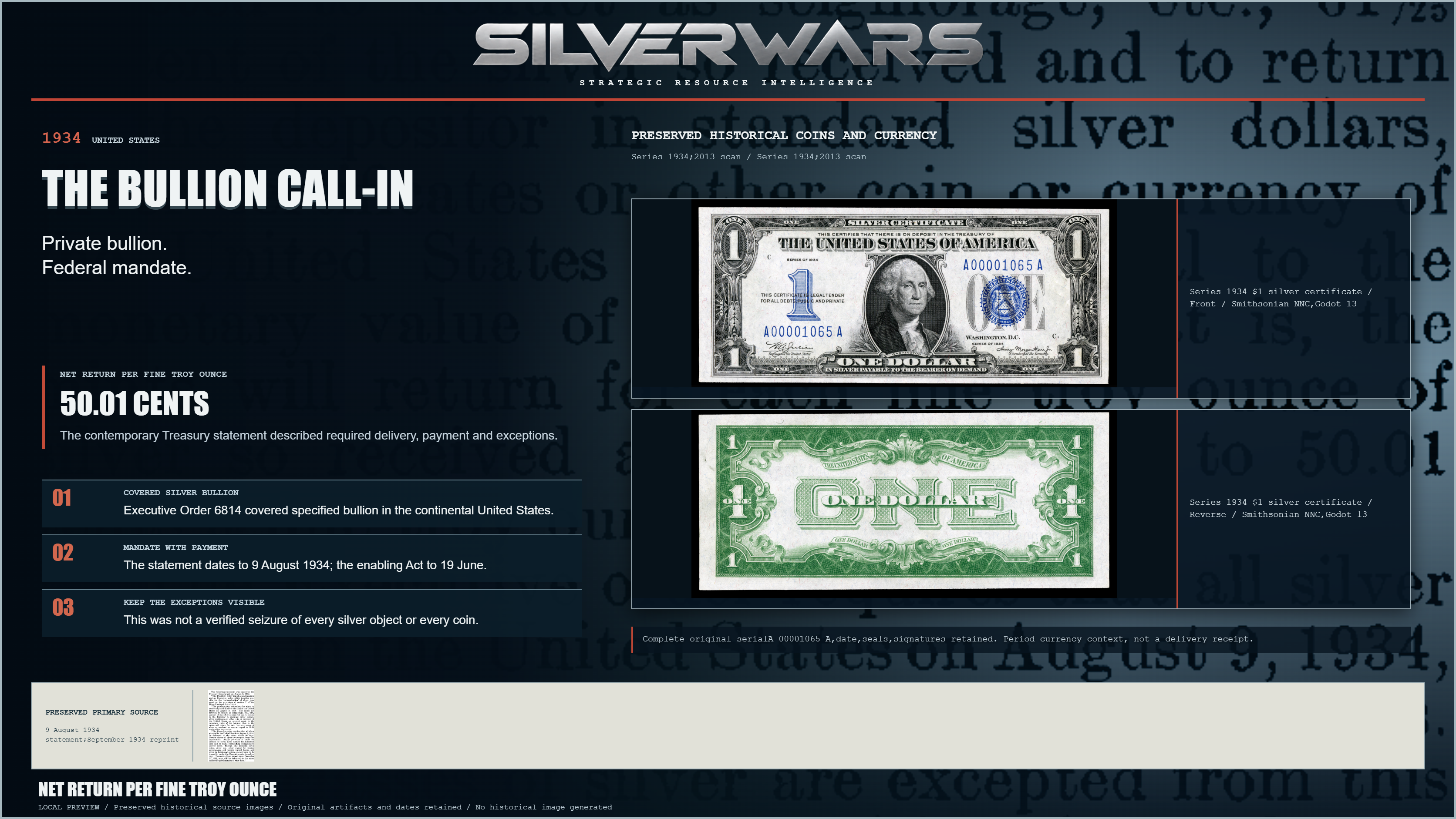 The Bullion Call-In. The contemporary Treasury statement described required delivery, payment and exceptions. Preserved Series 1934 $1 silver certificate / Front / Smithsonian NNC,Godot 13; Series 1934 $1 silver certificate / Reverse / Smithsonian NNC,Godot 13.