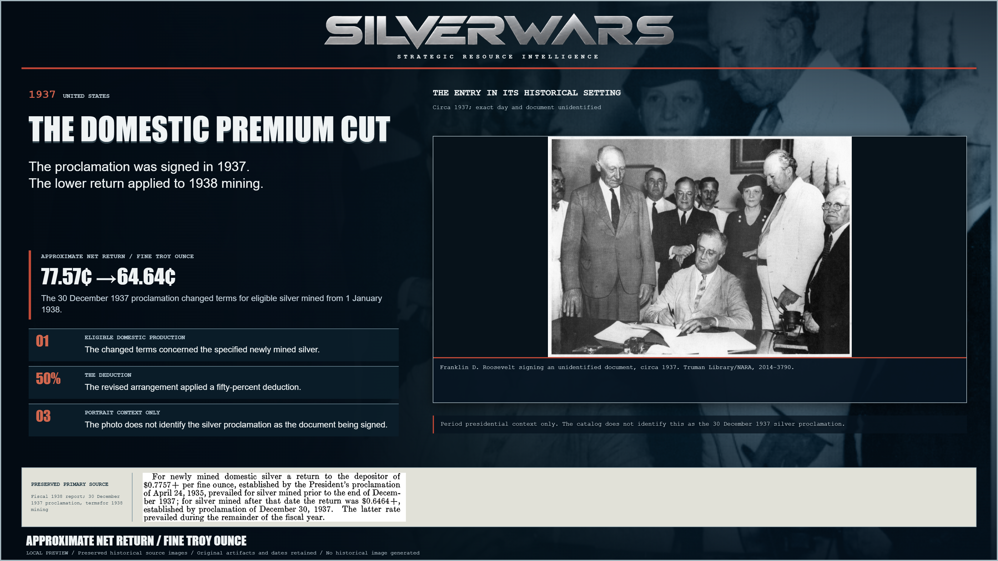 The Domestic Premium Cut. The 30 December 1937 proclamation changed terms for eligible silver mined from 1 January 1938. Preserved Franklin D. Roosevelt signing an unidentified document, circa 1937. Truman Library/NARA, 2014-3790..