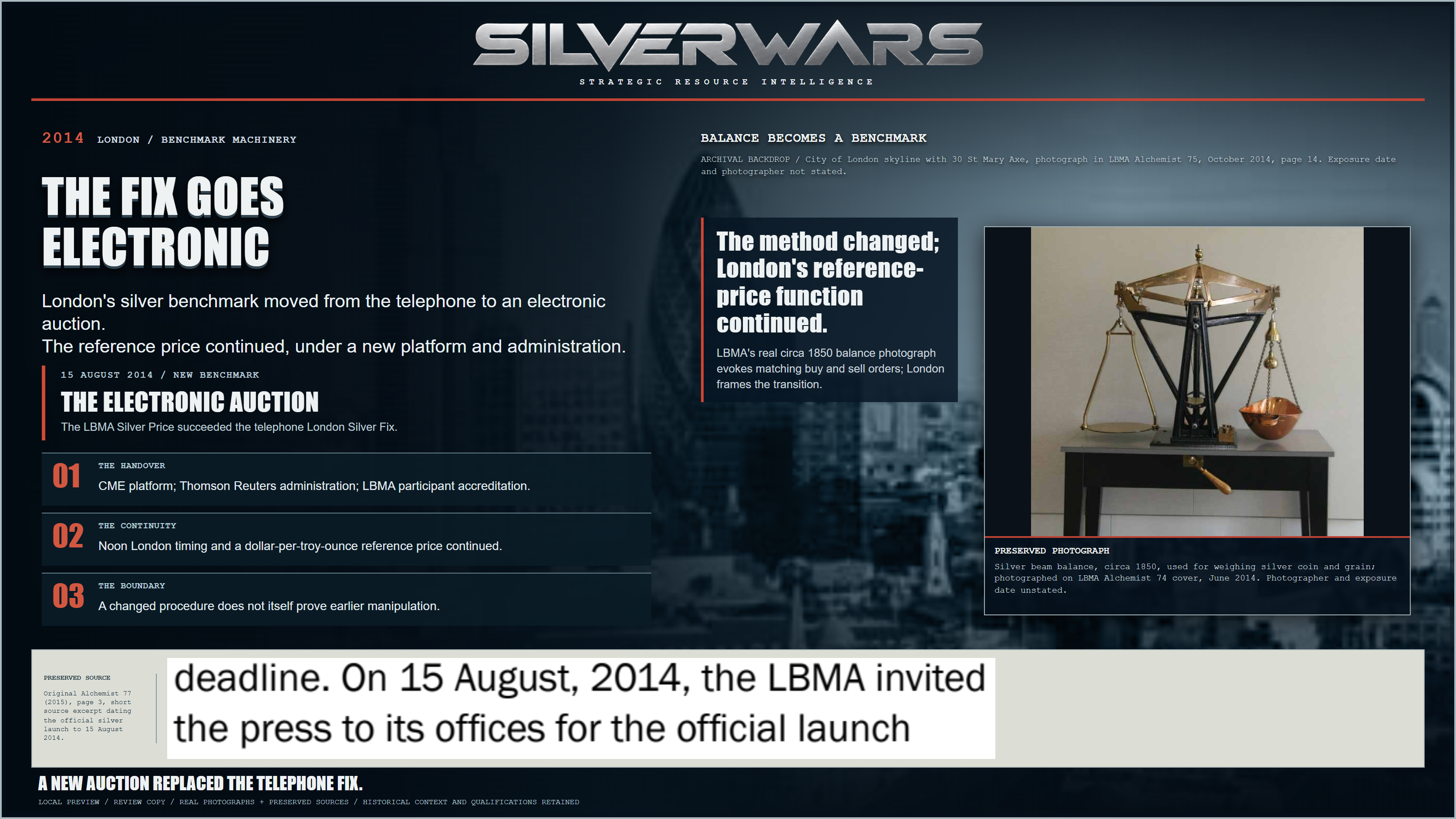 The Fix Goes Electronic: a real City of London skyline photograph published in October 2014 and a preserved photograph of a circa 1850 silver beam balance, with an original source excerpt dating the silver benchmark launch. The balance is historical material context, not electronic-auction equipment.