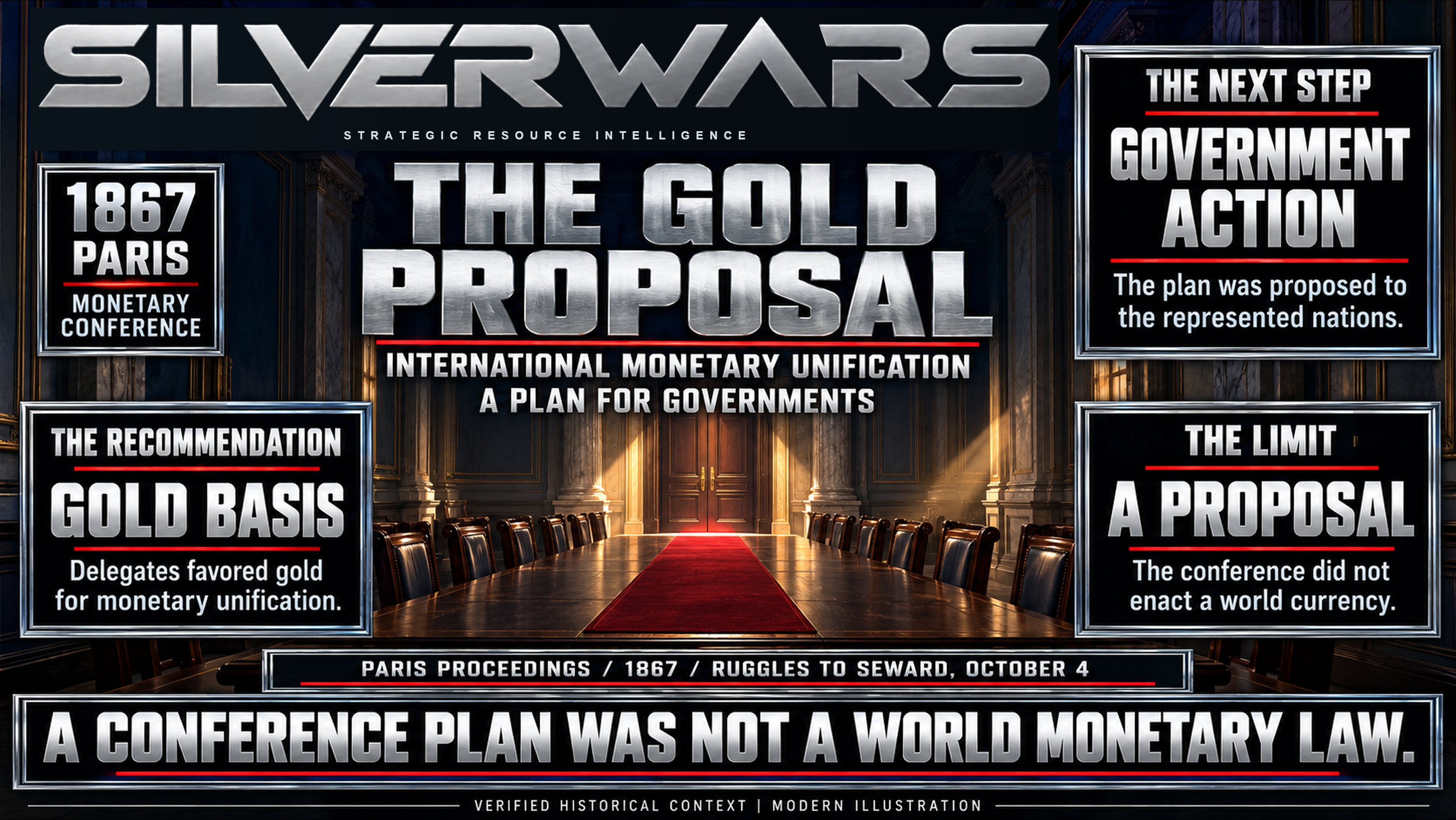 The Gold Proposal, SilverWars historical plate for 1867; historical summary · representative illustration.