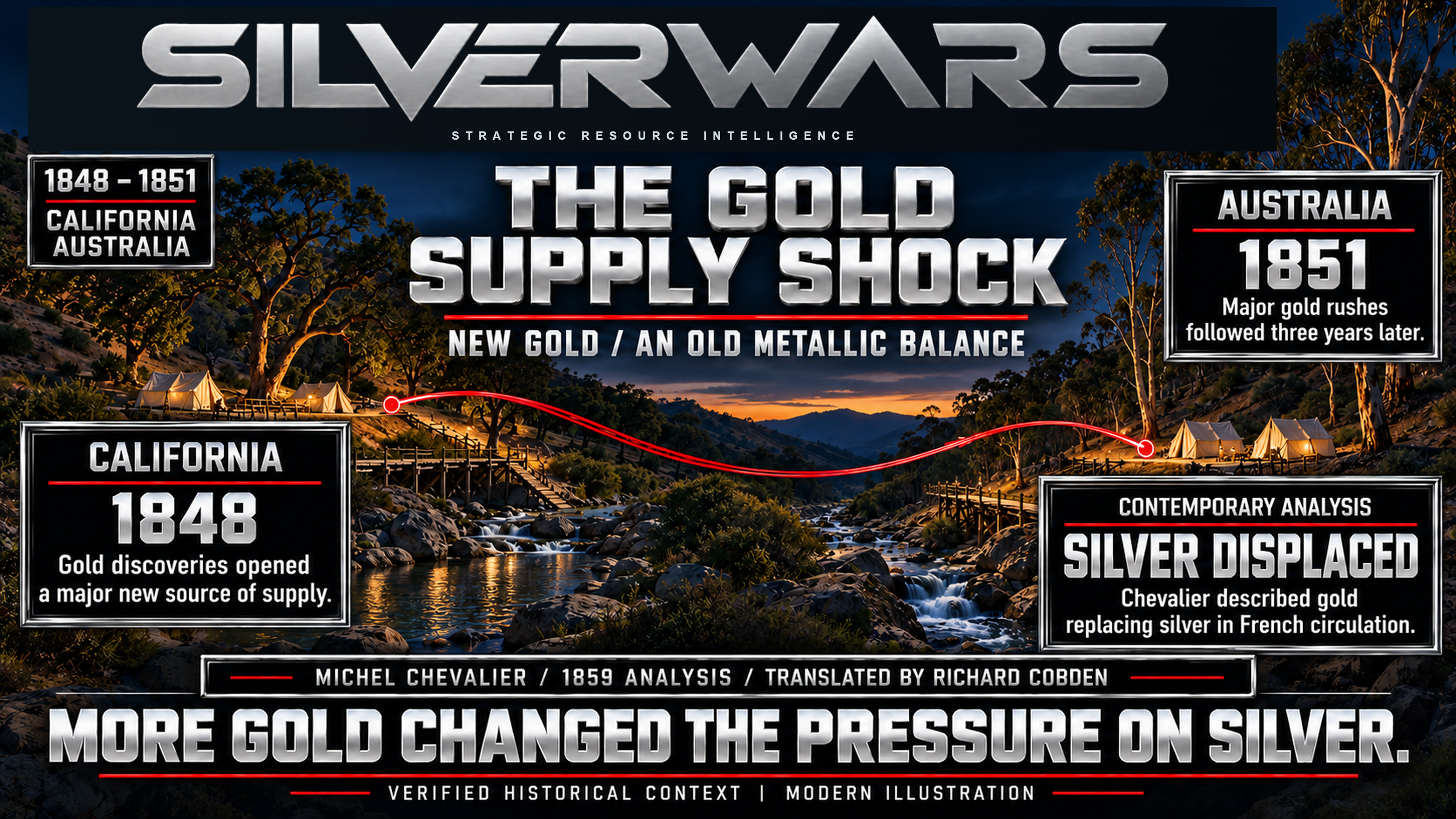The Gold Supply Shock, SilverWars historical plate for 1848–1851; historical summary · representative illustration.