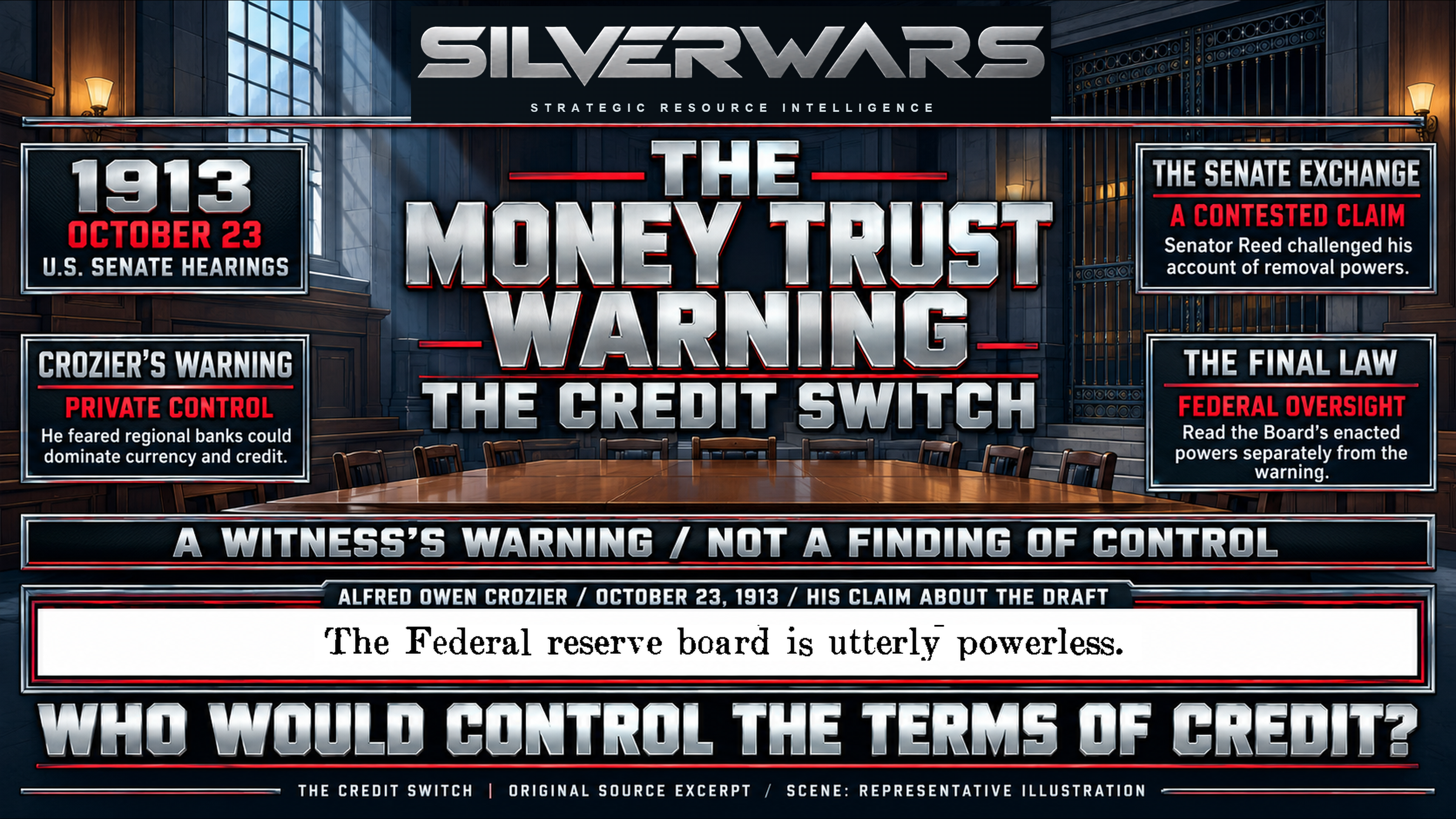 The Money Trust Warning plate attributing the claim of federal-board powerlessness to Alfred Owen Crozier and identifying the immediate challenge in the October 23, 1913 hearing.