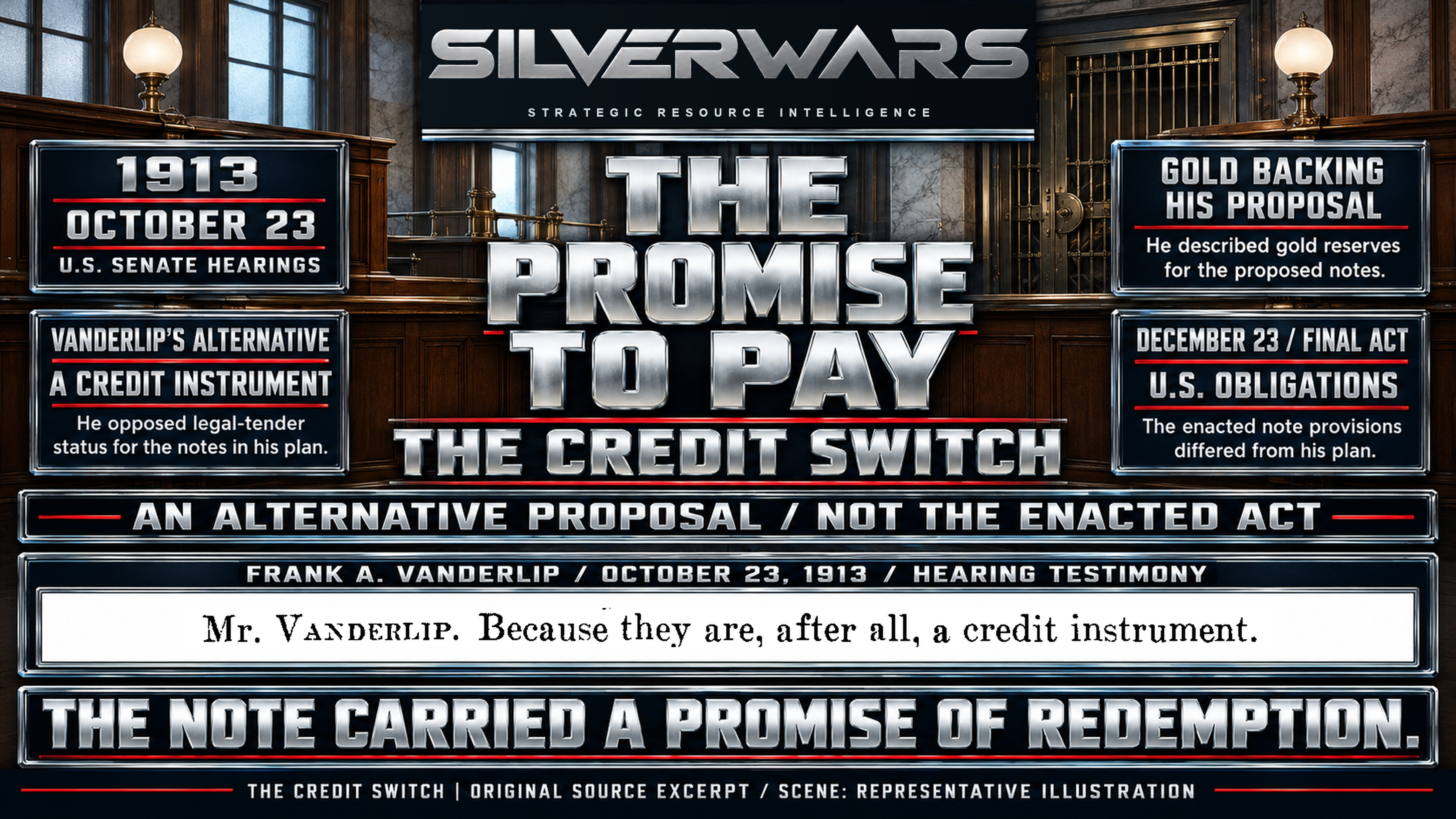 The Promise to Pay plate attributing the credit-instrument description to Frank A. Vanderlip’s October 23, 1913 alternative plan rather than the final Federal Reserve Act.