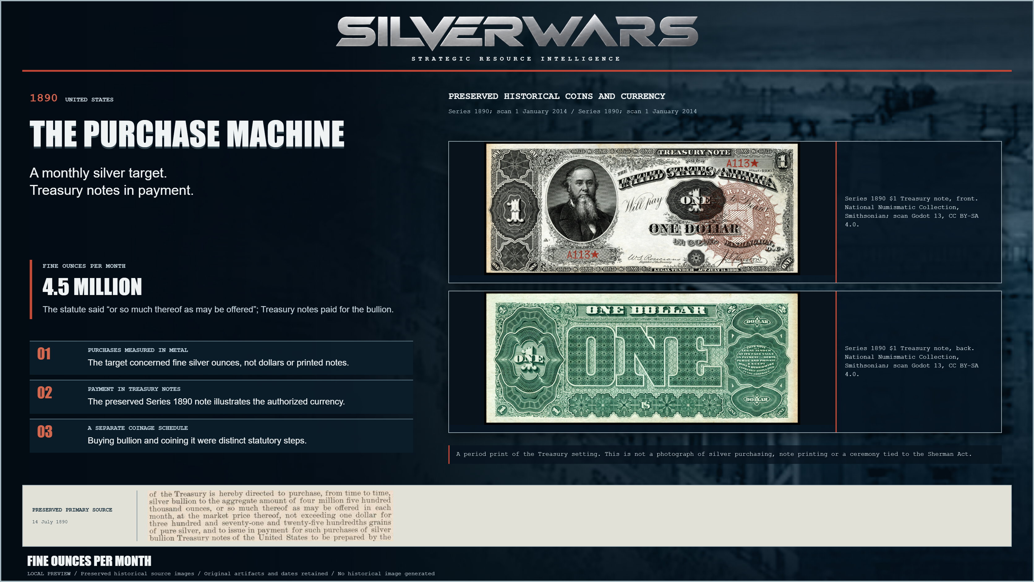 The Purchase Machine. The statute said “or so much thereof as may be offered”; Treasury notes paid for the bullion. Preserved Series 1890 $1 Treasury note, front. National Numismatic Collection, Smithsonian; scan Godot 13, CC BY-SA 4.0.; Series 1890 $1 Treasury note, back. National Numismatic Collection, Smithsonian; scan Godot 13, CC BY-SA 4.0..