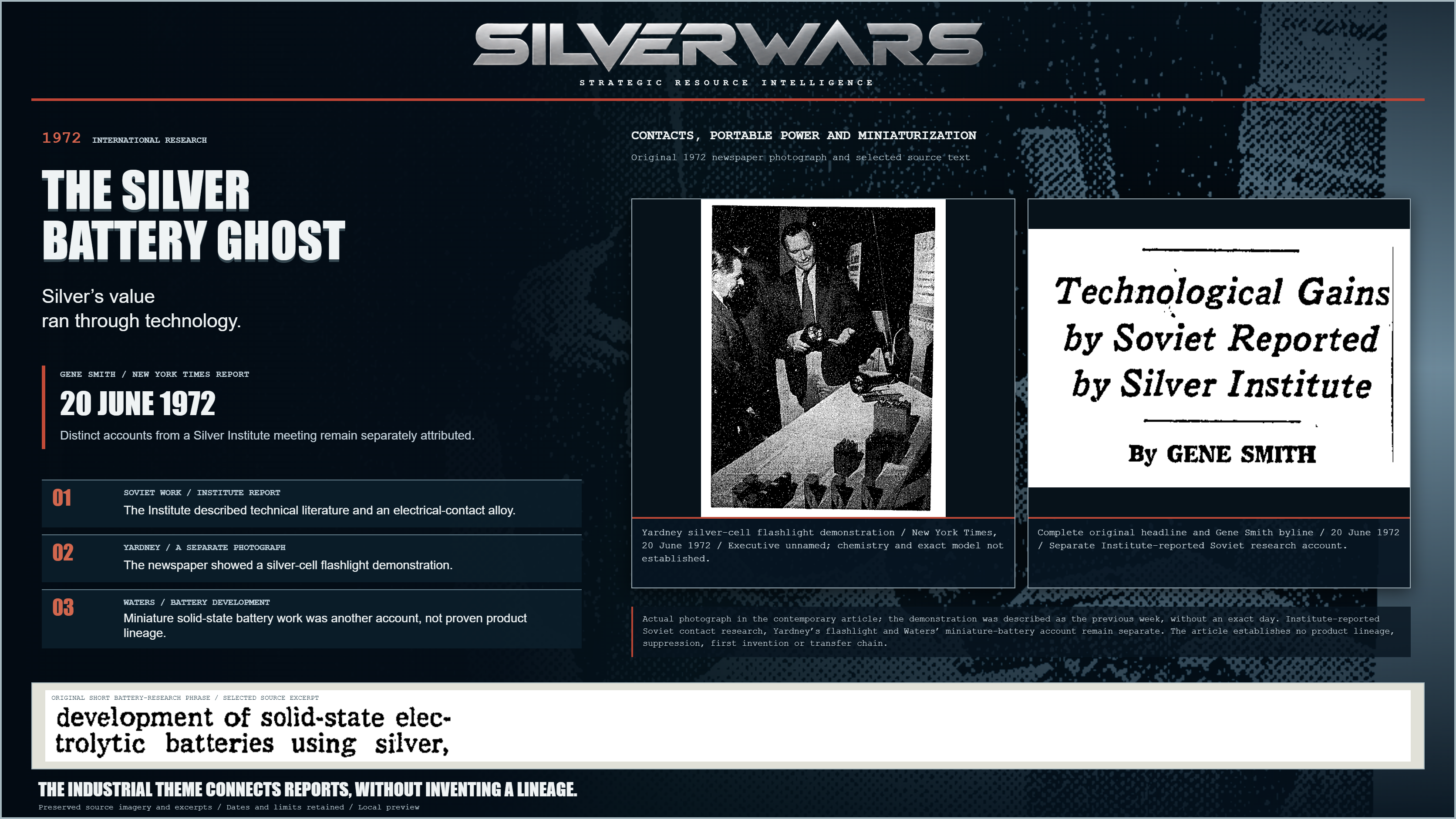 The Silver Battery Ghost. Yardney silver-cell flashlight demonstration / New York Times, 20 June 1972 / Executive unnamed; chemistry and exact model not established. Complete original headline and Gene Smith byline / 20 June 1972 / Separate Institute-reported Soviet research account. Actual photograph in the contemporary article; the demonstration was described as the previous week, without an exact day. Institute-reported Soviet contact research, Yardney’s flashlight and Waters’ miniature-battery account remain separate. The article establishes no product lineage, suppression, first invention or transfer chain.