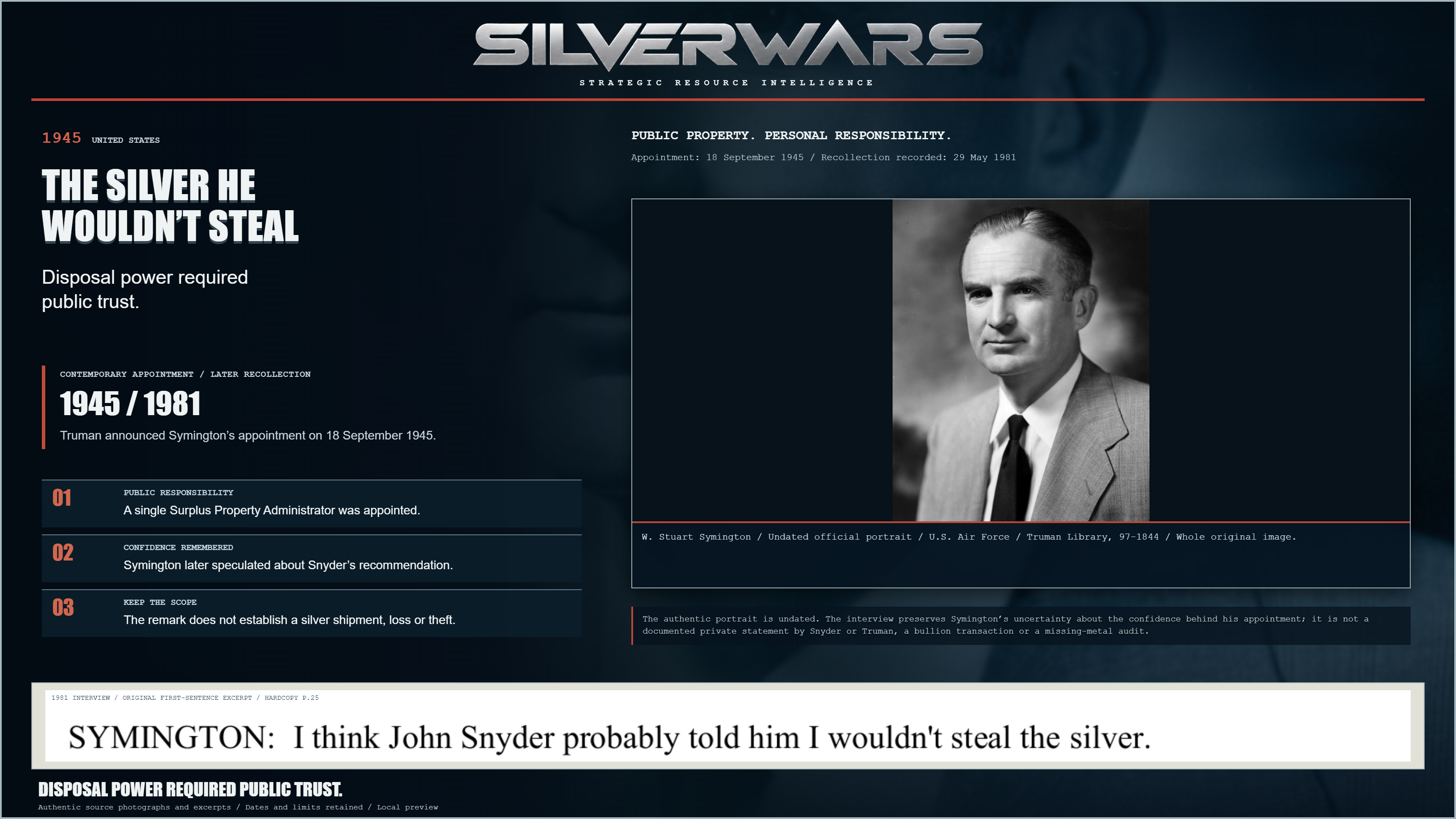 The Silver He Wouldn’t Steal. W. Stuart Symington / Undated official portrait / U.S. Air Force / Truman Library, 97-1844 / Whole original image. The authentic portrait is undated. The interview preserves Symington’s uncertainty about the confidence behind his appointment; it is not a documented private statement by Snyder or Truman, a bullion transaction or a missing-metal audit.