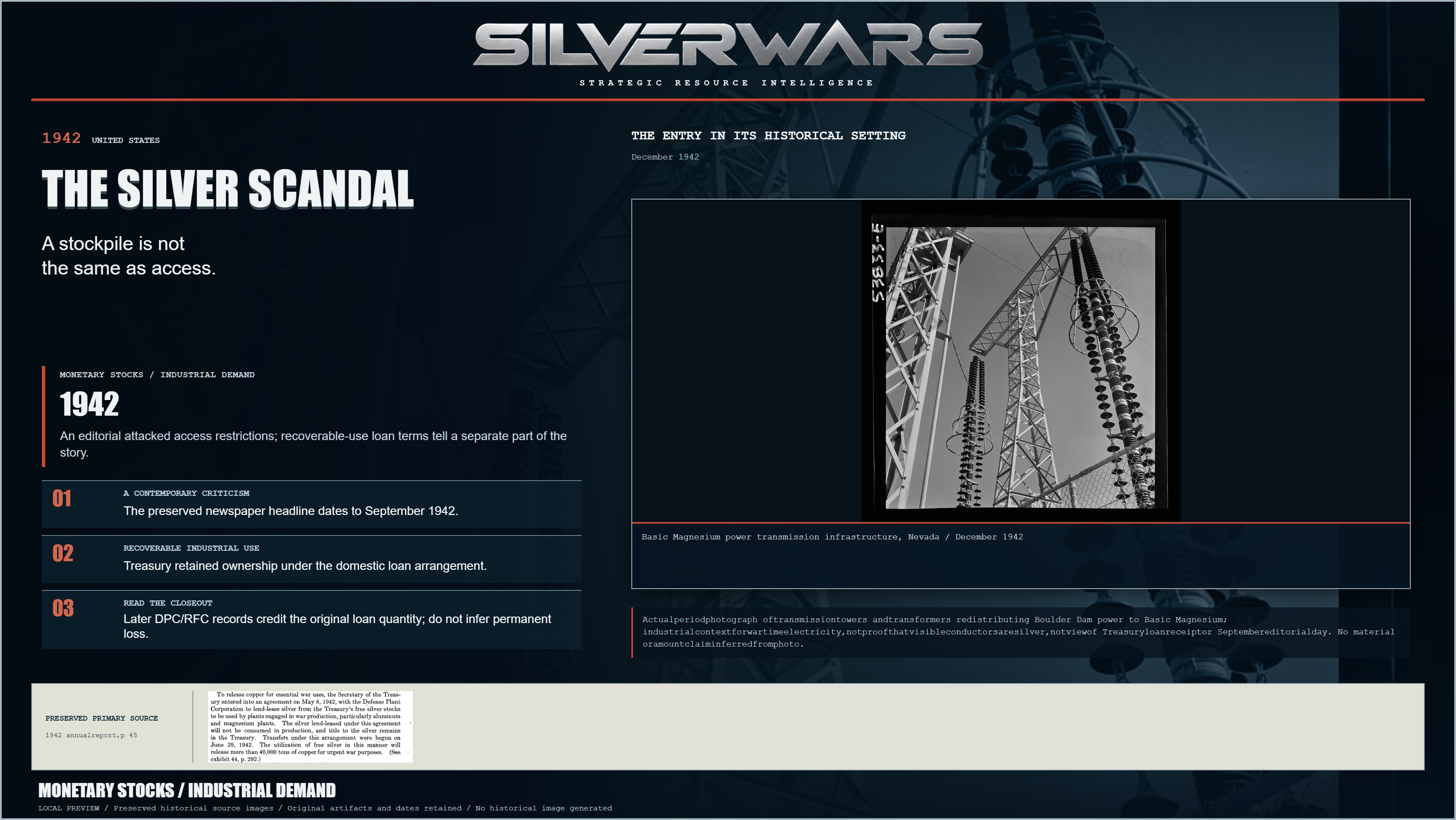 The Silver Scandal. An editorial attacked access restrictions; recoverable-use loan terms tell a separate part of the story. Preserved Basic Magnesium power transmission infrastructure, Nevada / December 1942.