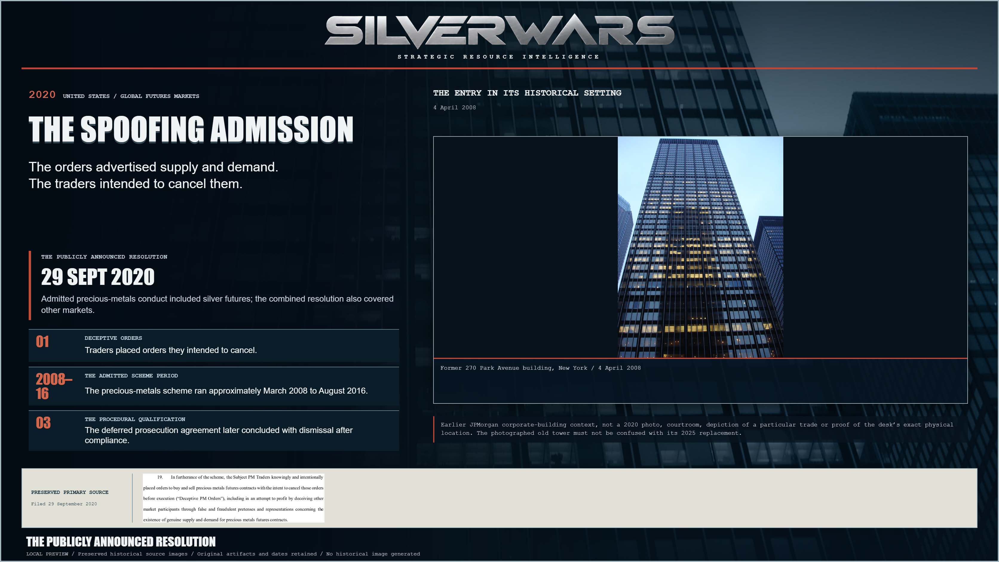 The Spoofing Admission. Admitted precious-metals conduct included silver futures; the combined resolution also covered other markets. Preserved Former 270 Park Avenue building, New York / 4 April 2008.