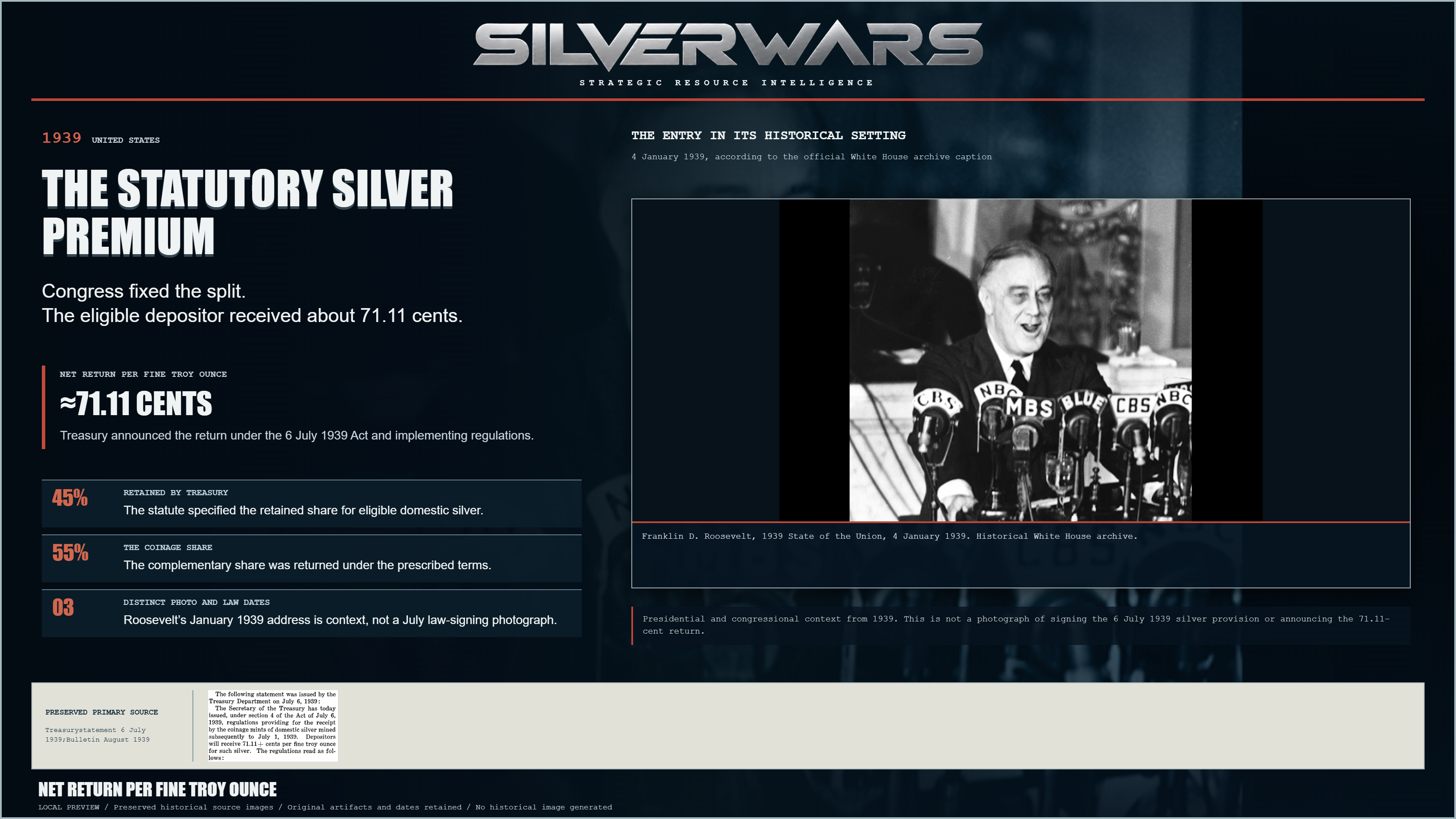 The Statutory Silver Premium. Treasury announced the return under the 6 July 1939 Act and implementing regulations. Preserved Franklin D. Roosevelt, 1939 State of the Union, 4 January 1939. Historical White House archive..