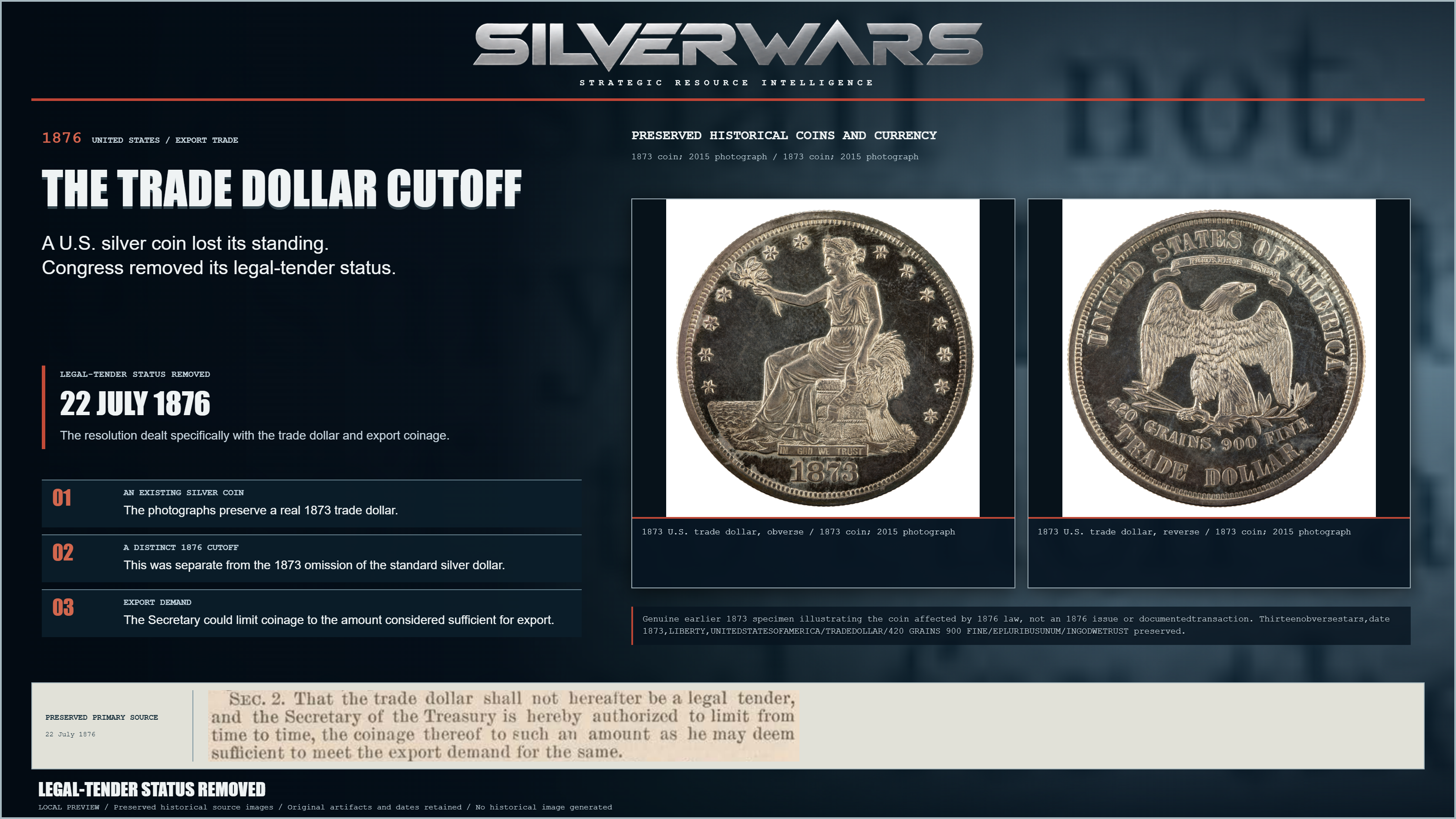 The Trade Dollar Cutoff. The resolution dealt specifically with the trade dollar and export coinage. Preserved 1873 U.S. trade dollar, obverse / 1873 coin; 2015 photograph; 1873 U.S. trade dollar, reverse / 1873 coin; 2015 photograph.