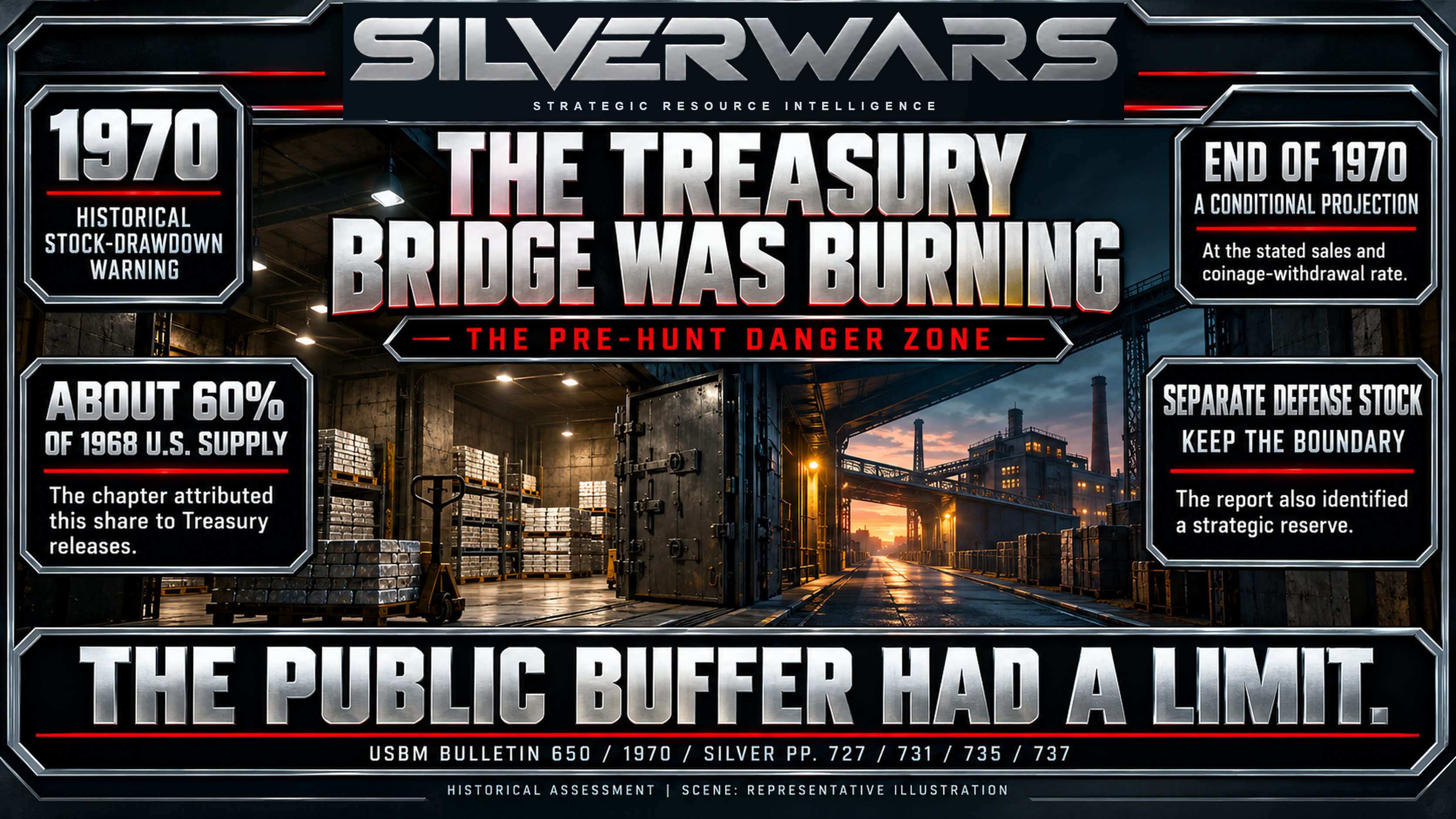 The Treasury Bridge Was Burning plate presenting the historical 1968 supply-flow share, the conditional drawdown forecast and the separate defense reserve.