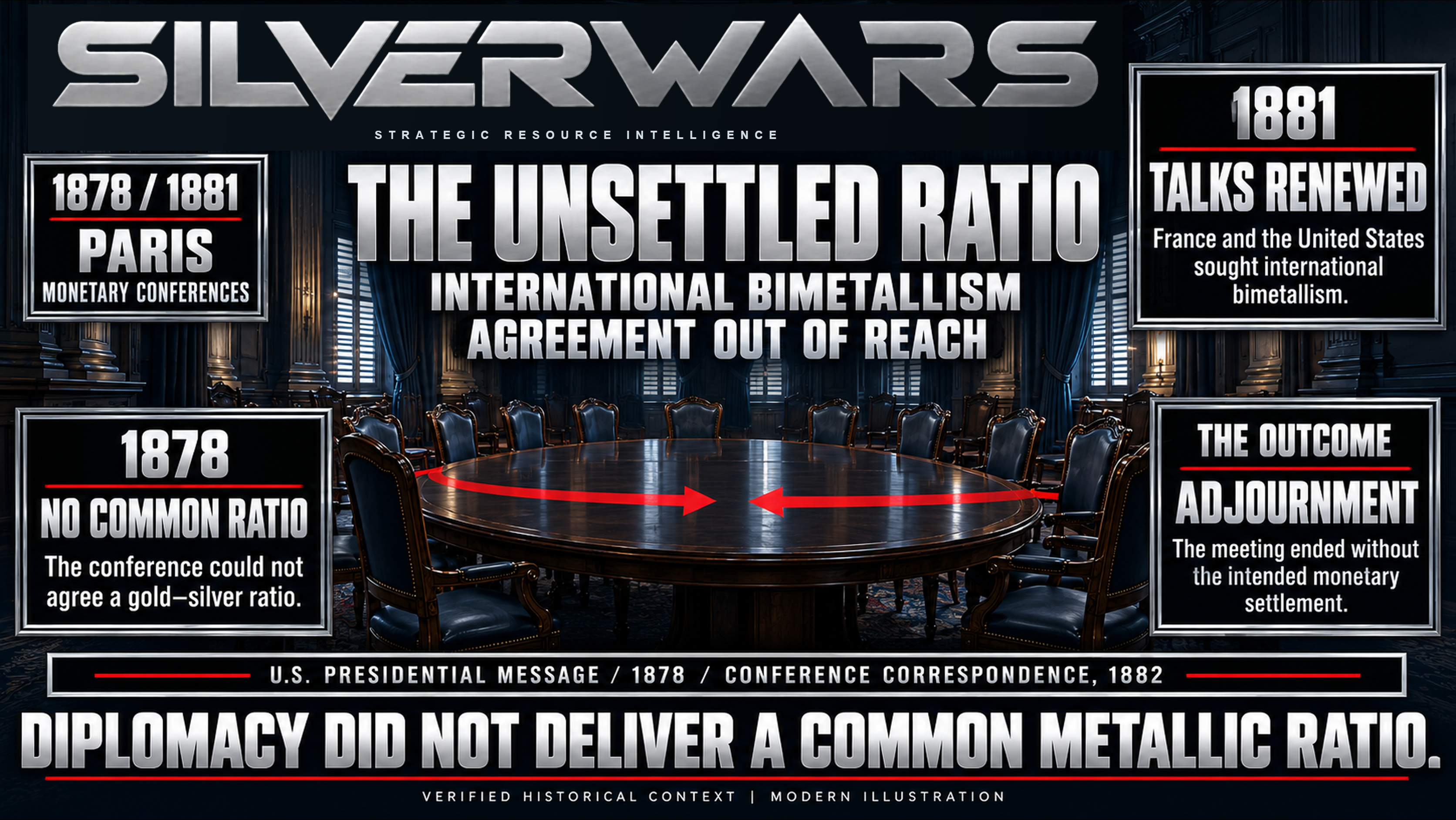 The Unsettled Ratio, SilverWars historical plate for 1878 / 1881; historical summary · representative illustration.